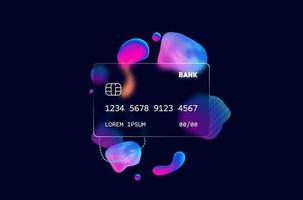 Glass morphism credit card template. Plastic rectangle of transparent plastic with blur effect. Liquid shapes morphism abstract art. vector