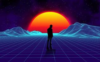 puesta de sol de fondo de paisaje retro paisaje 3d con silueta de hombre. paisaje futurista estilo años 80. superficie cibernética de paisaje retro digital. Fondo de fiesta de los 80. fondo de ciencia ficción de moda retro vector