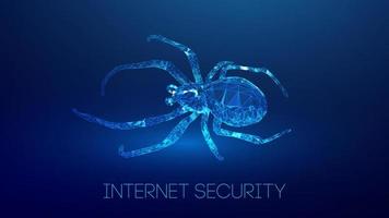 Virus spider in low poly style on blue background. Cybercryme technology network web vector illustration. Internet fraud abstract vector background. Cyber criminal hacker attack.