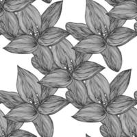 Floral vector background black and white. Linear lily flower line seamless pattern for textile design. Vector seamless black and white flower pattern.