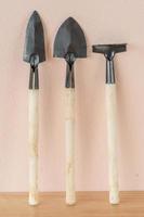 Spade, fork and rake gardening tools photo