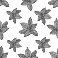 Floral vector background black and white. Linear lily flower line seamless pattern for textile design. Vector seamless black and white flower pattern.