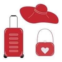 maleta de viaje roja, sombrero de mujer y bolso de mano en estilo de dibujos animados sobre un fondo transparente. aislar. vector