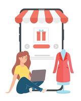 girl using laptop ecommerce vector