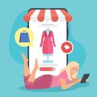 blond woman shopping online vector