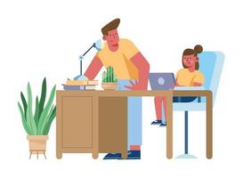 father and daughter using laptop vector