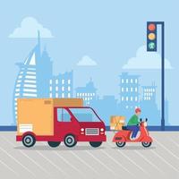 delivery truck and motorcycle vector