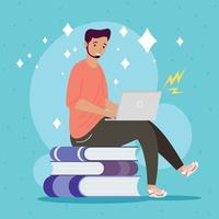 young man using laptop in books vector