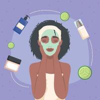 afro woman with mask and cucumbers vector