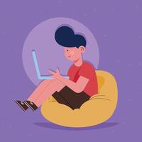 boy in couch using laptop vector