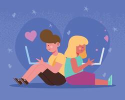 little students couple with laptops vector