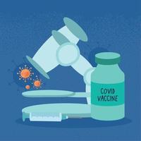 covid19 vaccine vial and microscope vector