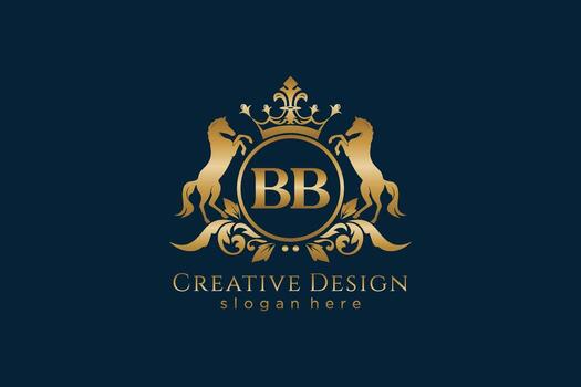 initial BB Retro golden crest with circle and two horses, badge template with scrolls and royal crown - perfect for luxurious branding projects vector