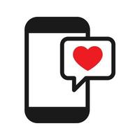 teléfono móvil simple con icono de signo de vector de corazón o amor, estilo de diseño plano.