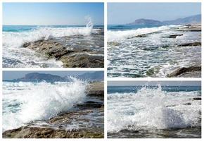 collage de fotos de la costa del mar con olas y salpicaduras