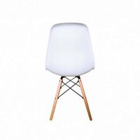 White modern chair with wooden legs. Back view photo