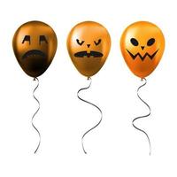 Set of Halloween orange balloons with scary and funny faces vector