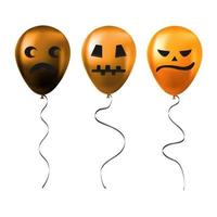 Set of Halloween orange balloons with scary and funny faces vector