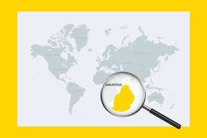 Map of Mauritius on political world map with magnifying glass vector