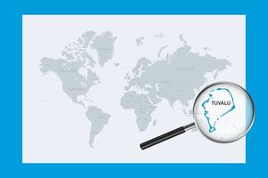 Map of Tuvalu on political world map with magnifying glass vector