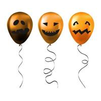 Set of Halloween orange balloons with scary and funny faces vector