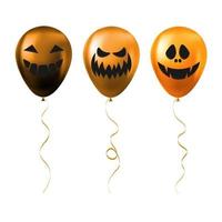 Set of Halloween orange balloons with scary and funny faces vector