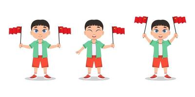 Set of a child with the flag of China in his hand. Boy with a flag vector