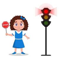 Child with stop sign. The traffic light shows a red signal. vector