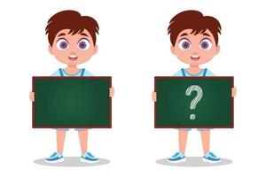 The boy holds a board, a pointer, a banner in his hands vector