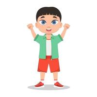 Cute boy rejoices, hands raised up, schoolboy, child vector