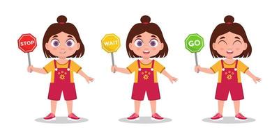 Set of girls, child girl with road sign vector