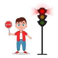 Child with stop sign. The traffic light shows a red signal vector