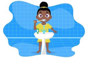 Child in pajamas brushing his teeth, in the bathroom vector