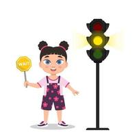 Girl with a waiting sign. The traffic light shows a yellow signal vector