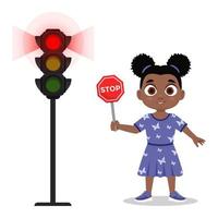 Child with stop sign. The traffic light shows a red signal vector