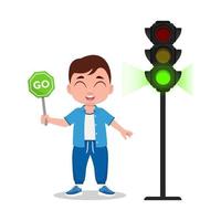 The child is holding a sign go. The traffic light shows a green signal vector