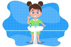 niño en pijama cepillándose los dientes, en el baño vector