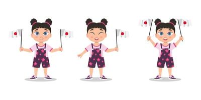 The girl holds the flag of Japan in her hand vector