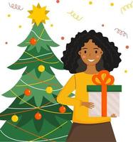 Afro american young woman with Christmas gift box is standing near Christmas tree. Christmas, New year mood. Vector illustration in flat style.