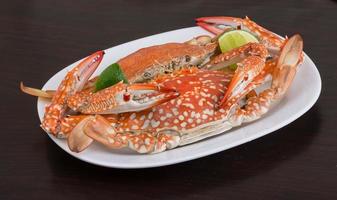 Boiled crabs on the plate and wooden background photo