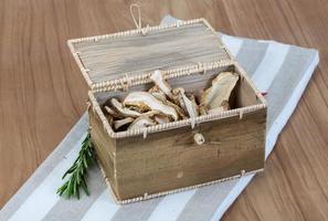 Dry shiitake on wooden background photo