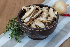 Shiitake in a bowl on wooden background photo