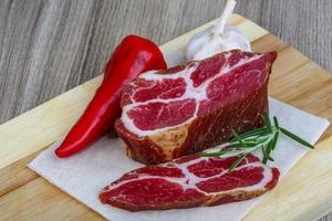 Chuck steak on wooden board and wooden background photo