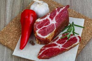 Chuck steak on wooden board and wooden background photo