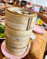 Dim sum top view and text input area, dim sum Chinese food in steamed bamboo is popular all over the world. photo