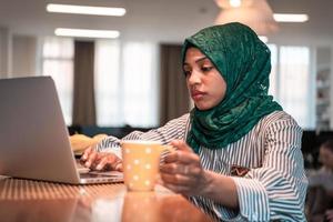 African muslim business woman wearing a green hijab drinking tea while working on laptop computer in relaxation area at modern open plan startup office. photo