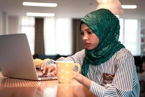 African muslim business woman wearing a green hijab drinking tea while working on laptop computer in relaxation area at modern open plan startup office. photo