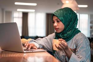 African muslim business woman wearing a green hijab drinking tea while working on laptop computer in relaxation area at modern open plan startup office. photo