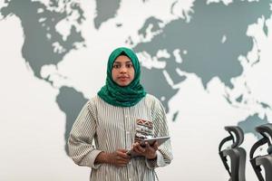 Portrait of muslim female software developer with green hijab holding tablet computer while standing at modern open plan startup office photo