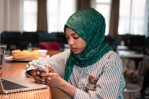 African Muslim business woman wearing a green hijab using smartphone while working on laptop computer in relaxation area at modern open plan startup office. photo